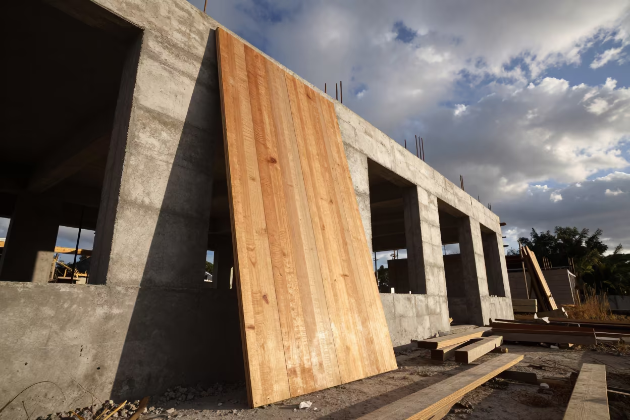 Gasket Sample Board in Belize Morning Shadow in beside a framed building shell in Belize
