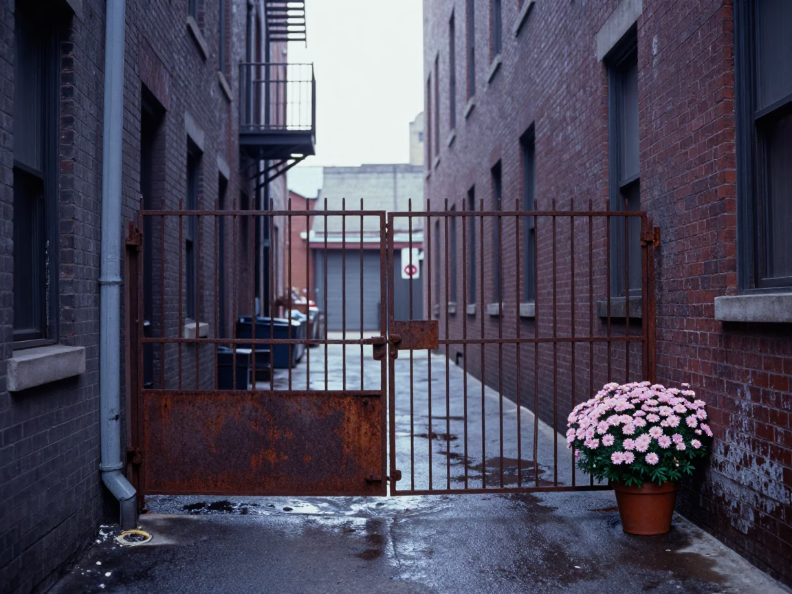 Gate And Potted Asters in Chicago in in Chicago, Illinois, United States