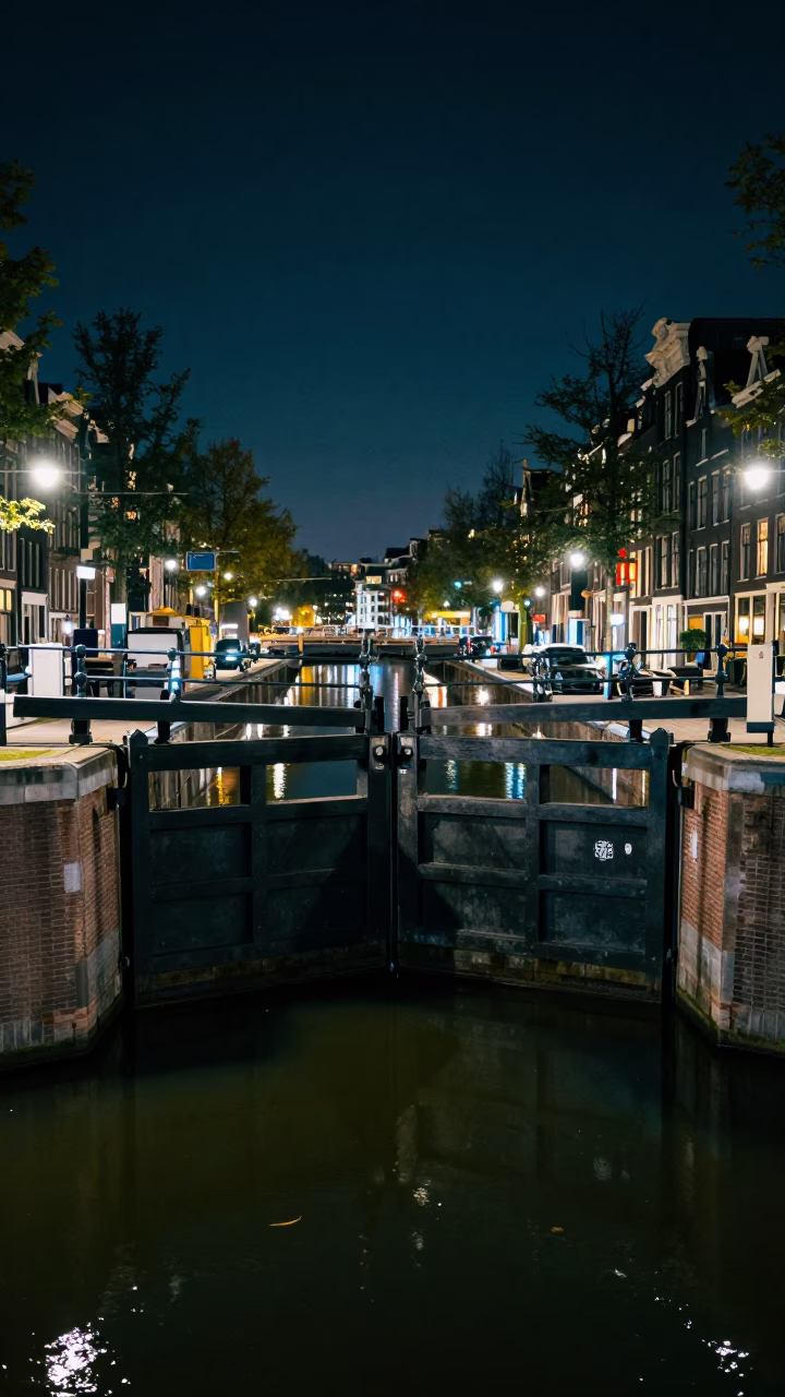 Gate Closing in Amsterdam at Deep In The Night Light in in Amsterdam, Netherlands