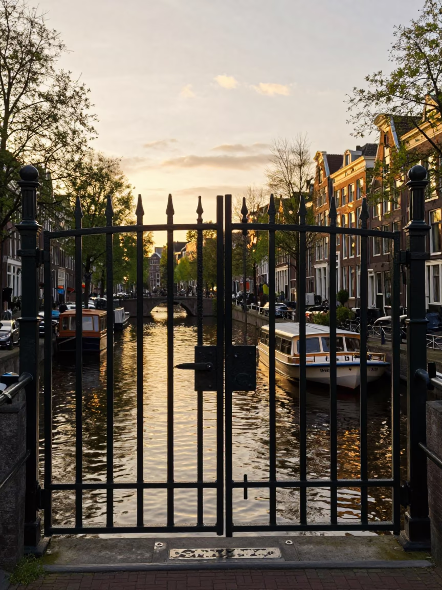 Gate Closing in Amsterdam at Honeyed Evening Light in in Amsterdam, Netherlands