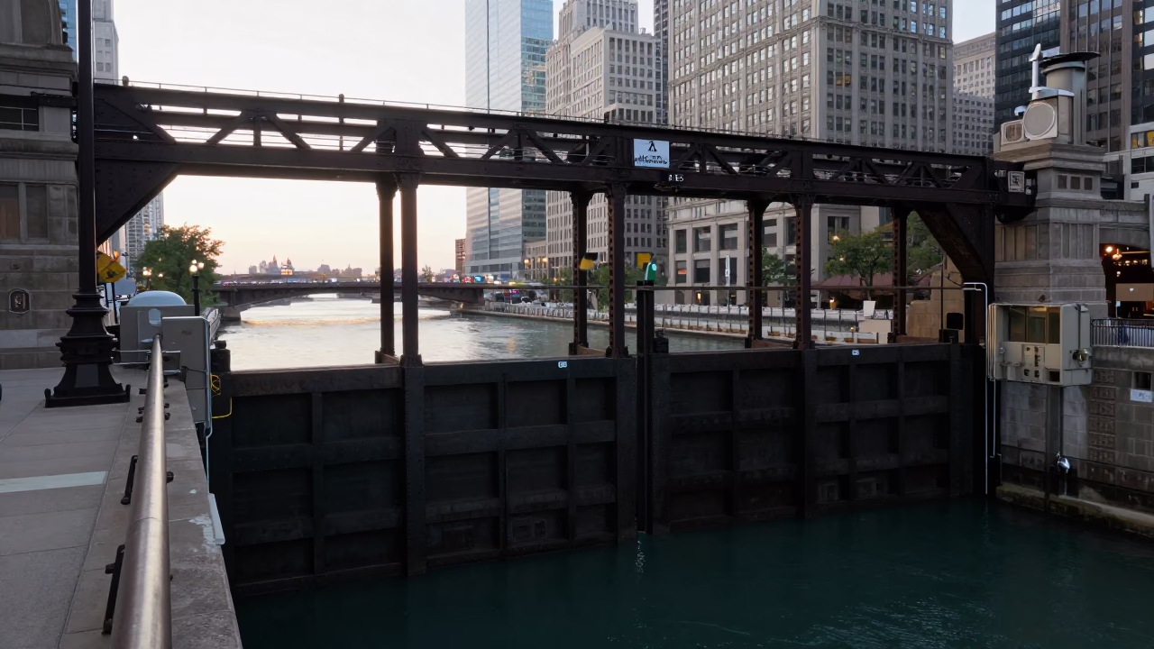 Gate Closing in Chicago at As First Light Reaches The Scene in in Chicago, Illinois, United States