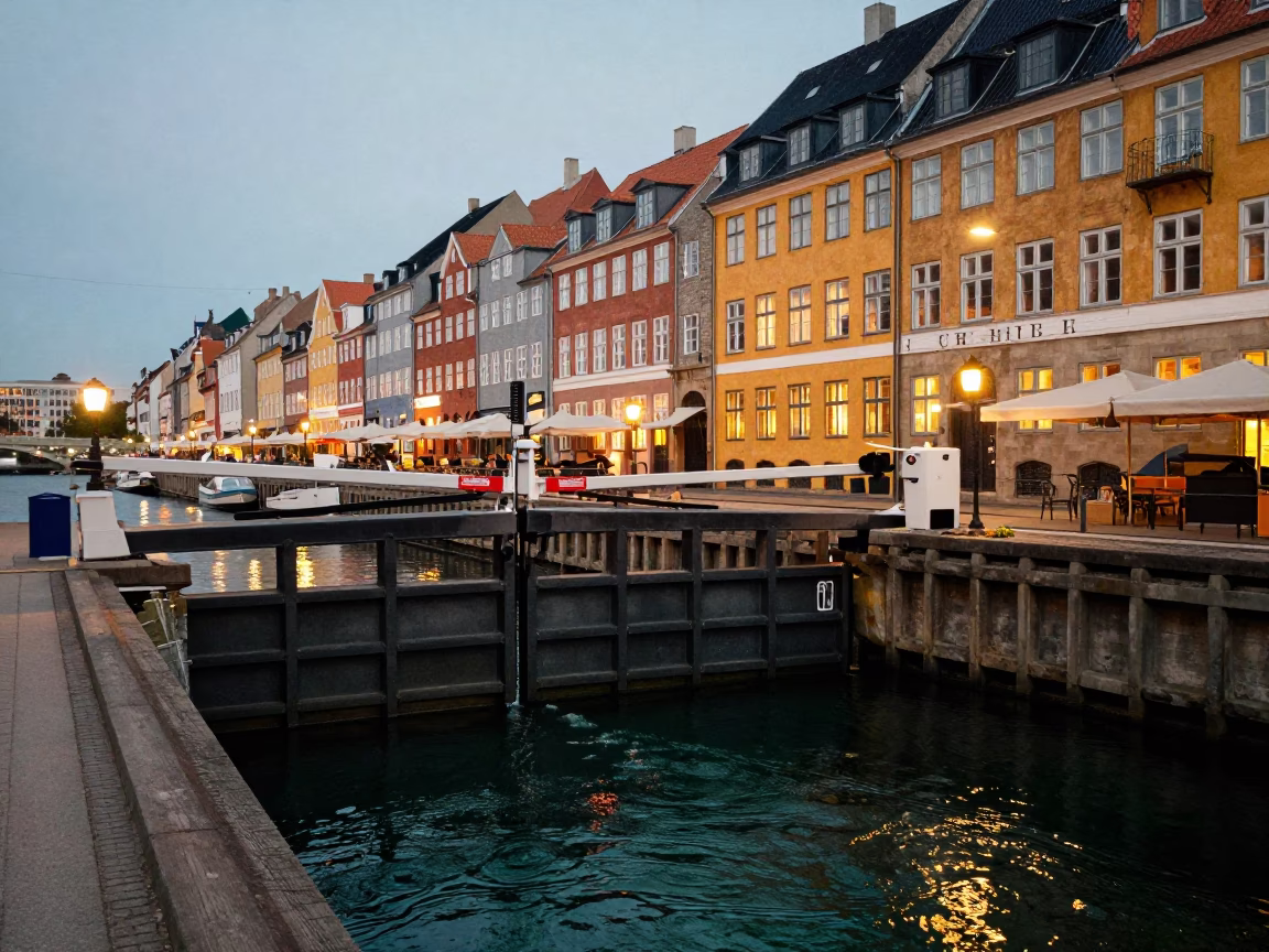 Gate Closing in Copenhagen at As City Lights Begin To Glow in in Copenhagen, Denmark