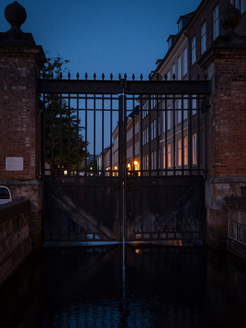 Gate Closing in Copenhagen at The Predawn Darkness Light in in Copenhagen, Denmark