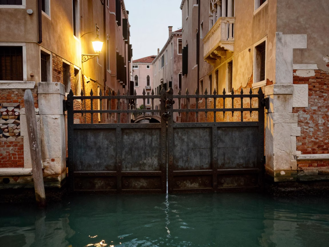 Gate Closing in Venice at As City Lights Begin To Glow in in Venice, Italy