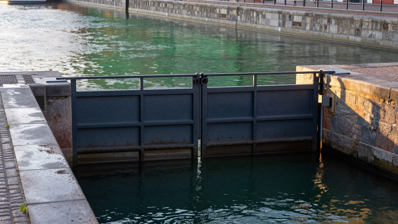 Gate Closing just after sunrise in Stockholm in in Stockholm, Sweden