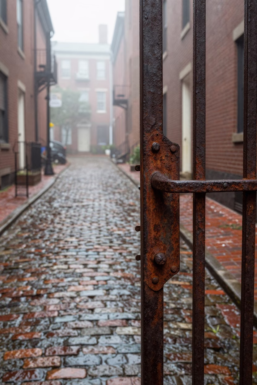 Gate Handle And Damp Alleyway Details in Boston in in Boston, Massachusetts, United States