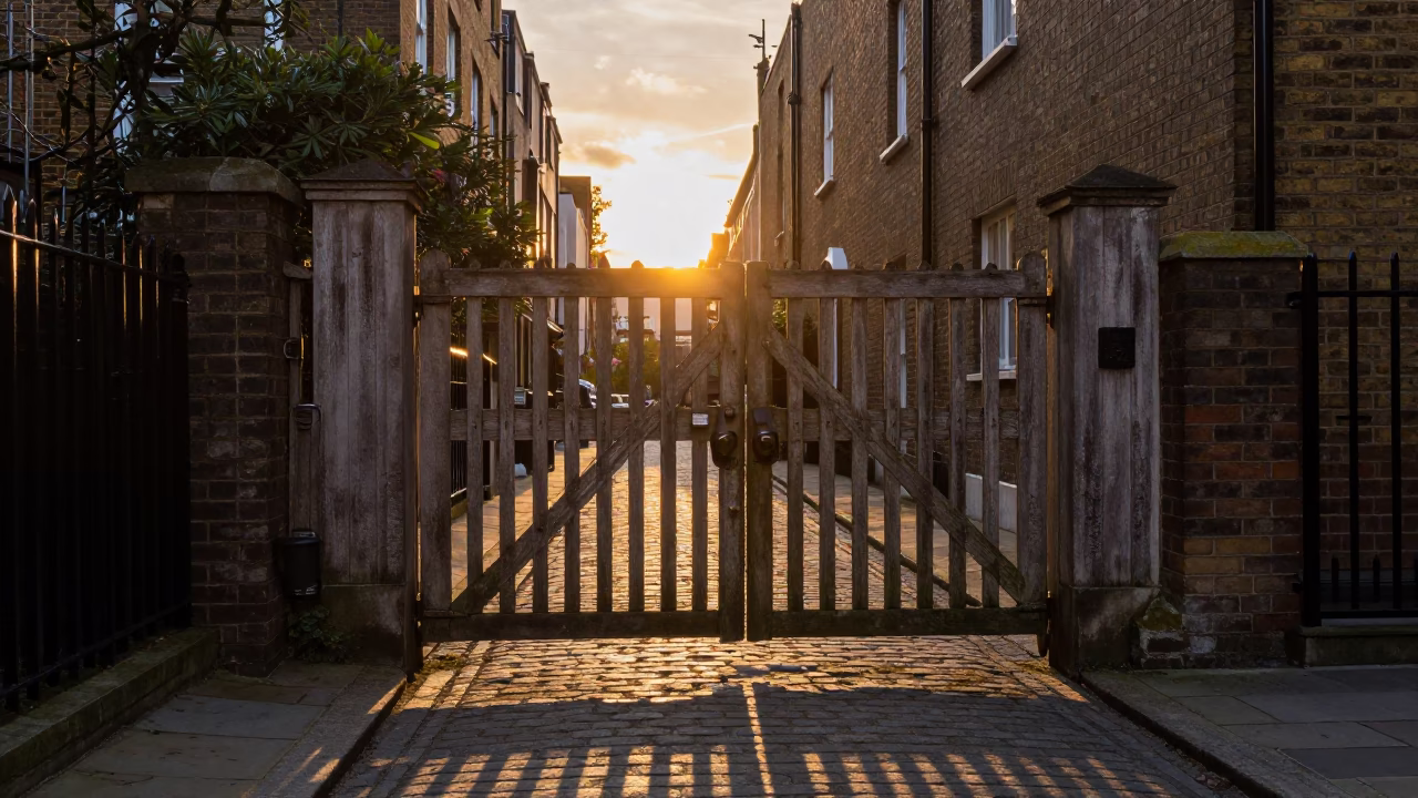 Gate Scene in London at As The Sun Drops Toward The Horizon in in London, United Kingdom