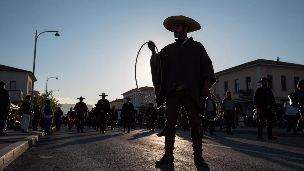 Gaucho Lasso Demonstration at Dawn in Thessaloniki in at a festival street procession in Thessaloniki