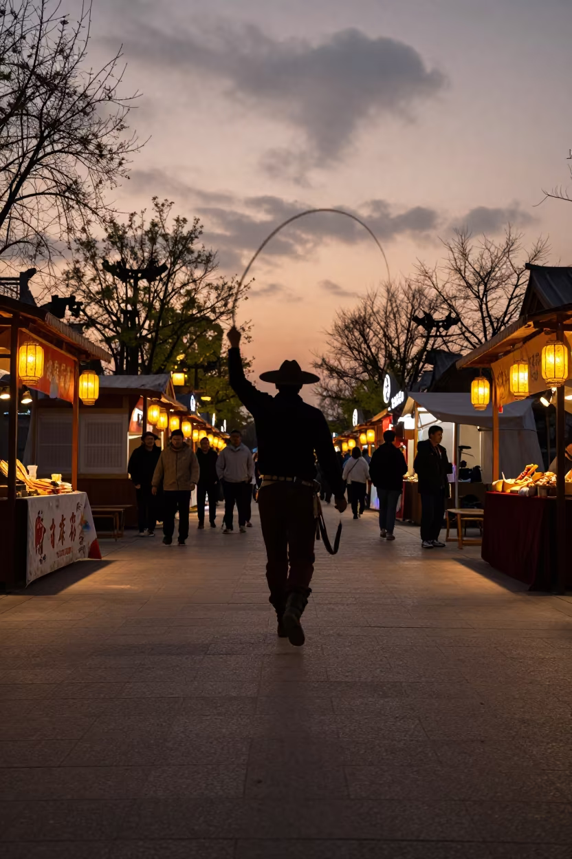 Gaucho Lasso Demonstration at Zhengzhou Night Market in at a night market in Zhengzhou
