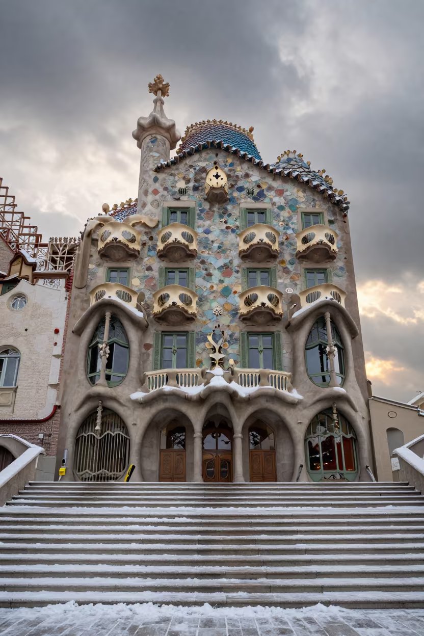 Gaudi Facade Base Winter Staircase Xinjiang Sunset in at the base of a monumental staircase in Xinjiang