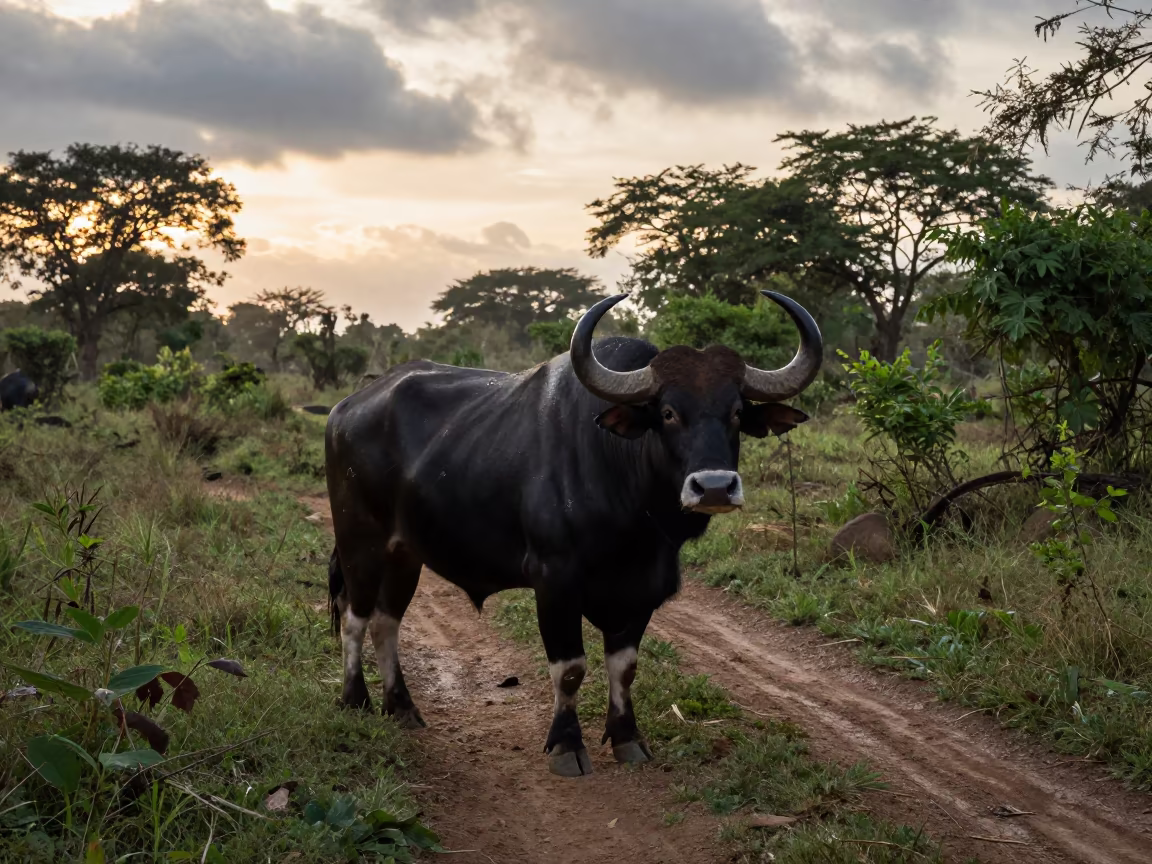 Gaur Bull Dawn Light in Bailundo Forest in along a game trail near Bailundo