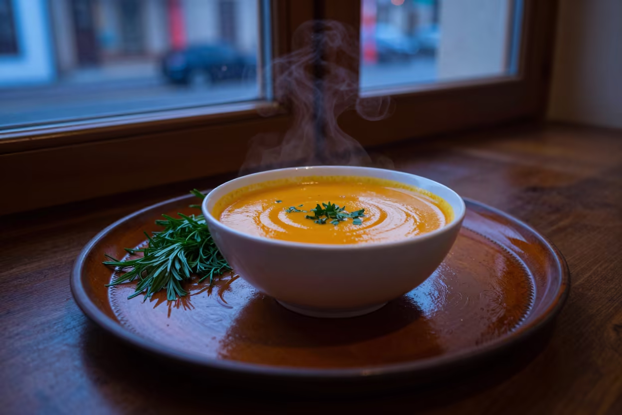 Gaziantep Pumpkin Soup Evening Window Light in on a lacquered tray in Gaziantep