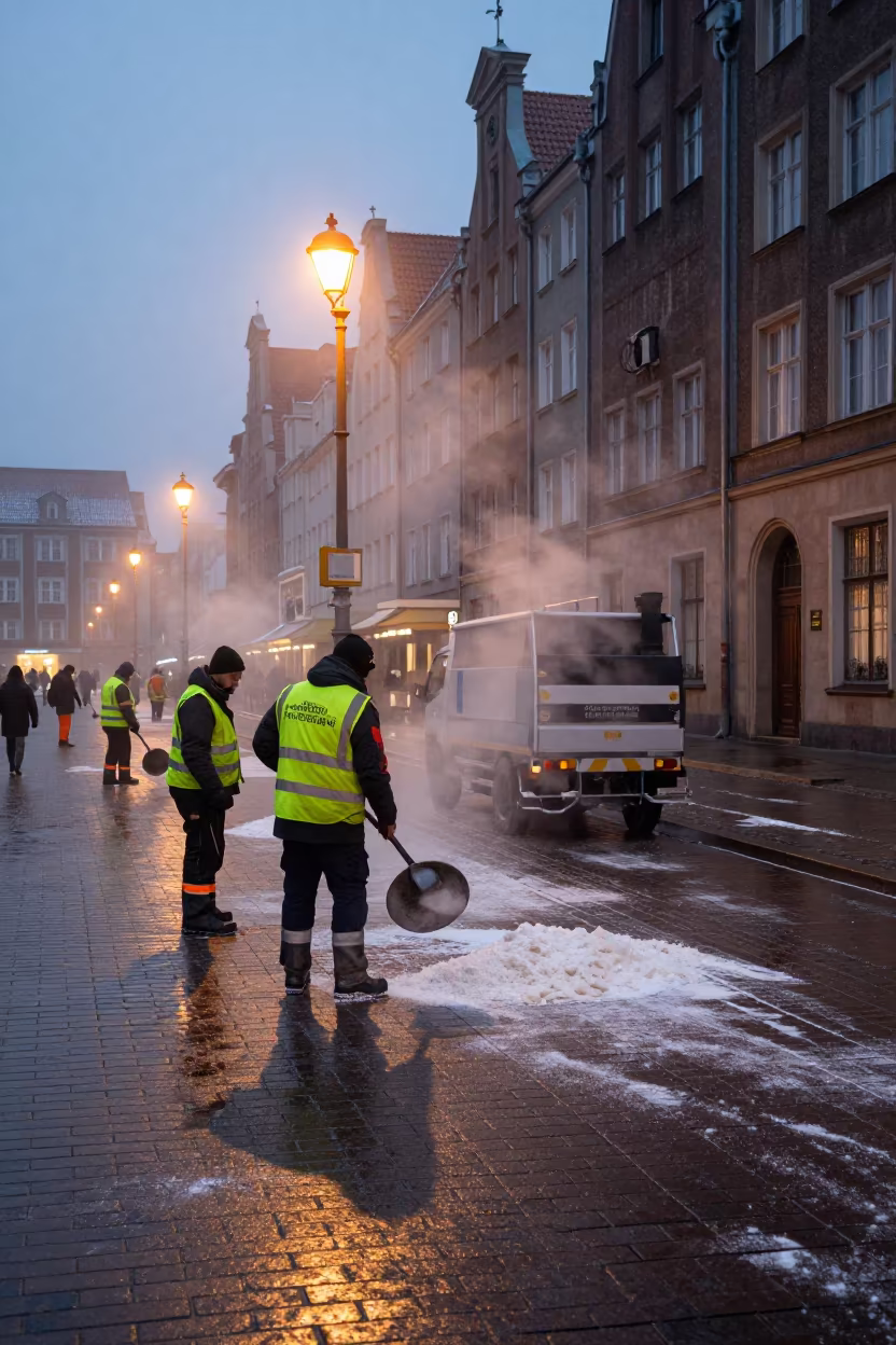 Gdansk Sanitation Crew Salting Brick Sidewalks at Dawn in in a public square in Gdansk