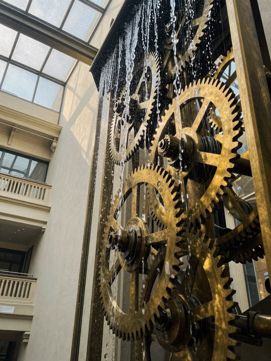 Gear and Water Double Exposure in São Paulo Vault in inside a vaulted atrium in São Paulo