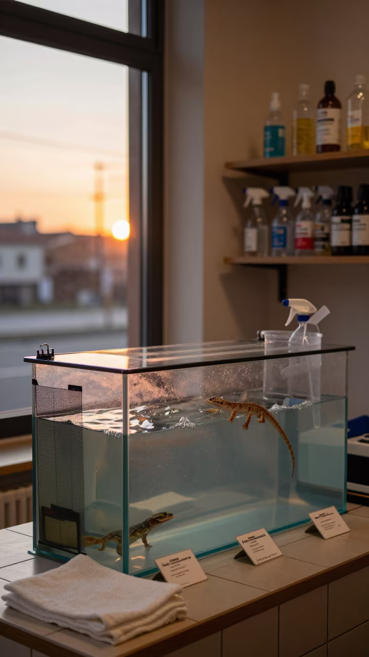 Gecko Care Spray Shelf in Winter Light in inside a fish bagging counter zone in Bergamo