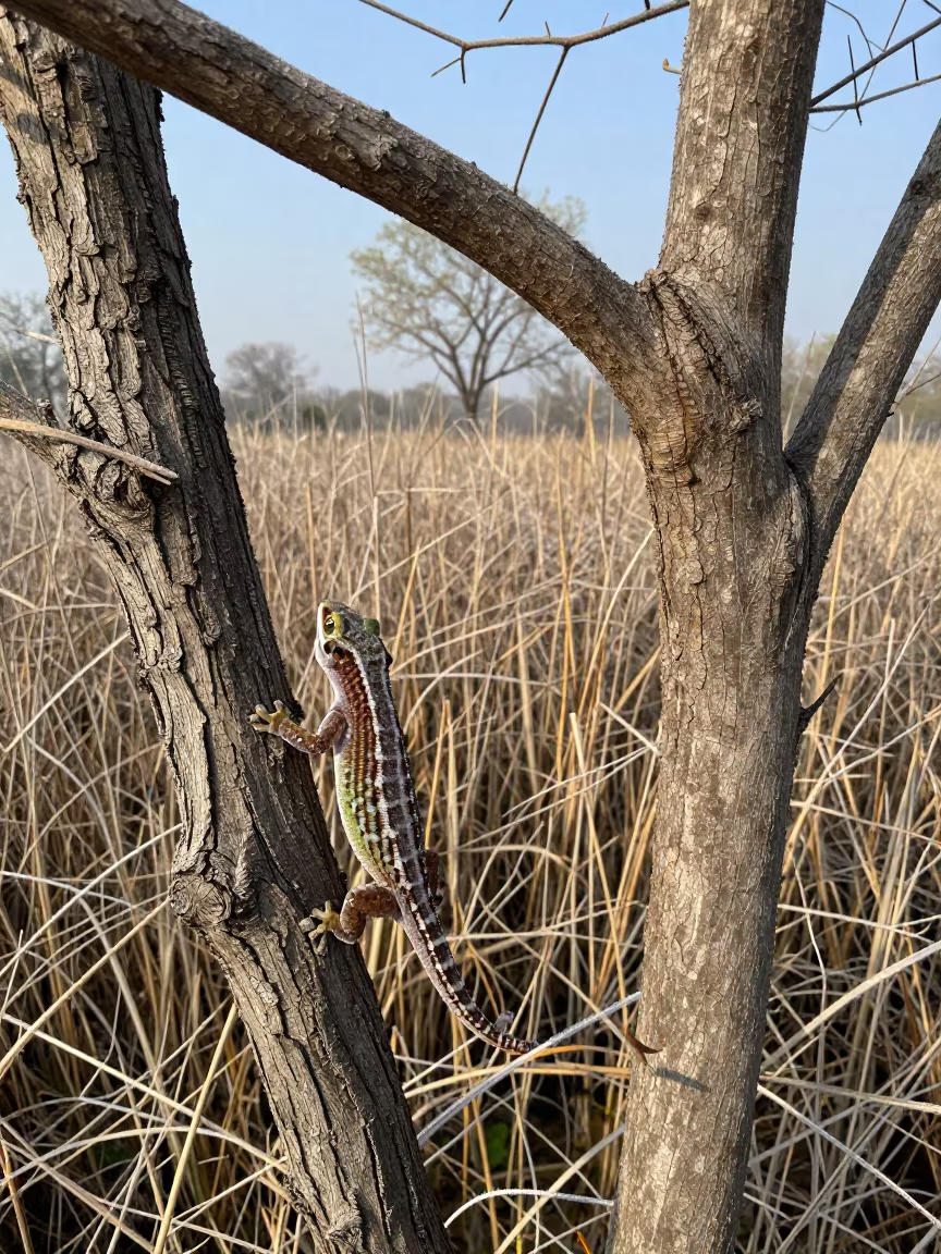 Gecko Gliding Between Trees at Reed Bed Edge in at the edge of a reed bed in Jharkhand