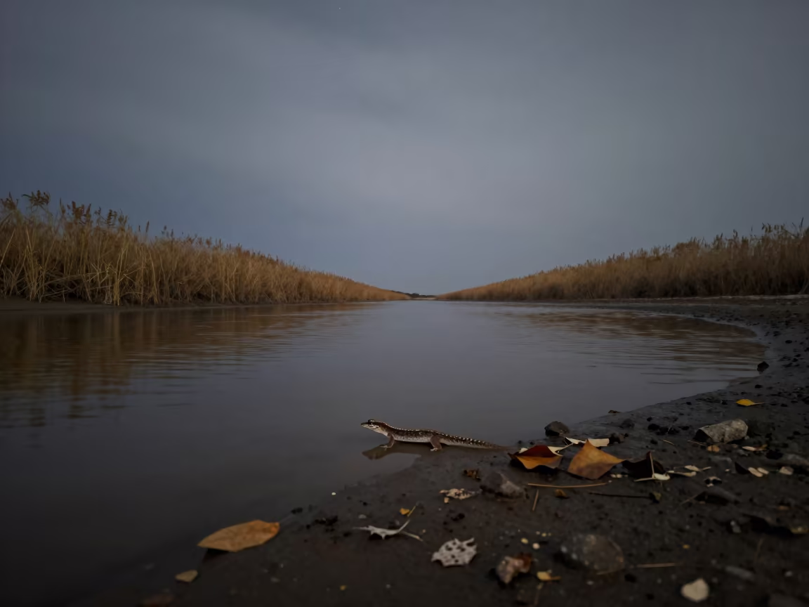 Gecko Running Across Tidal Water at Night in beside a tidal inlet near Hohhot