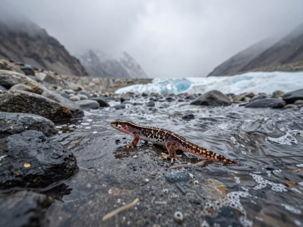 Gecko Running on Glacial Stream Surface in above a glacial stream in Pakistan