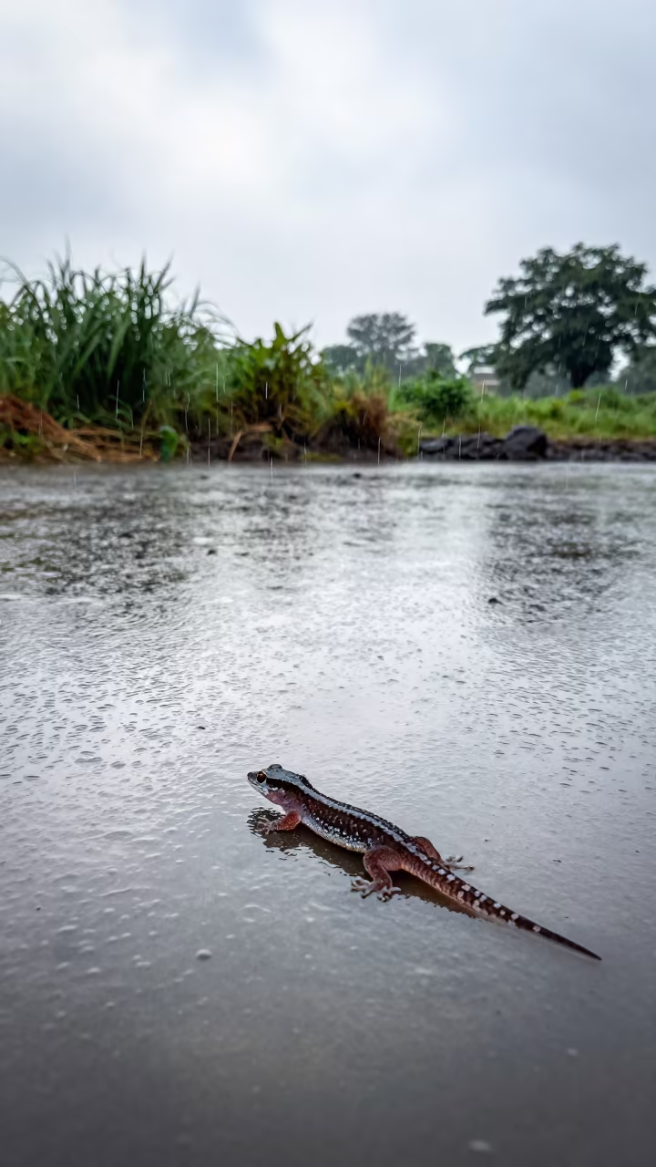 Gecko Running Across Rainy Dawn Water Surface in near Pune