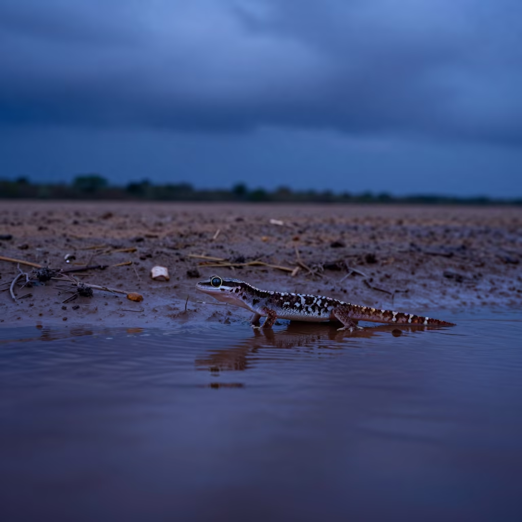 Gecko Running on Water Surface Blue Hour in on a wind-scoured ridge in Gambia