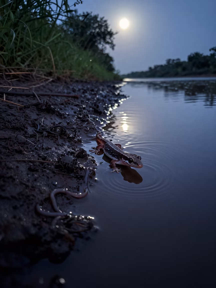 Gecko Running On Water Surface Predawn Moonlight in near Dutse