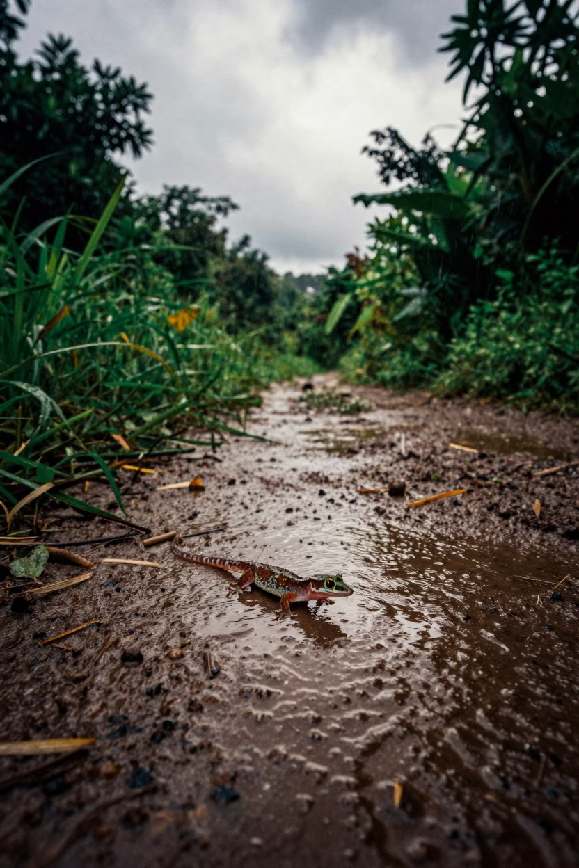 Gecko Running Water Surface Rainy Season in along a game trail near Bangalore