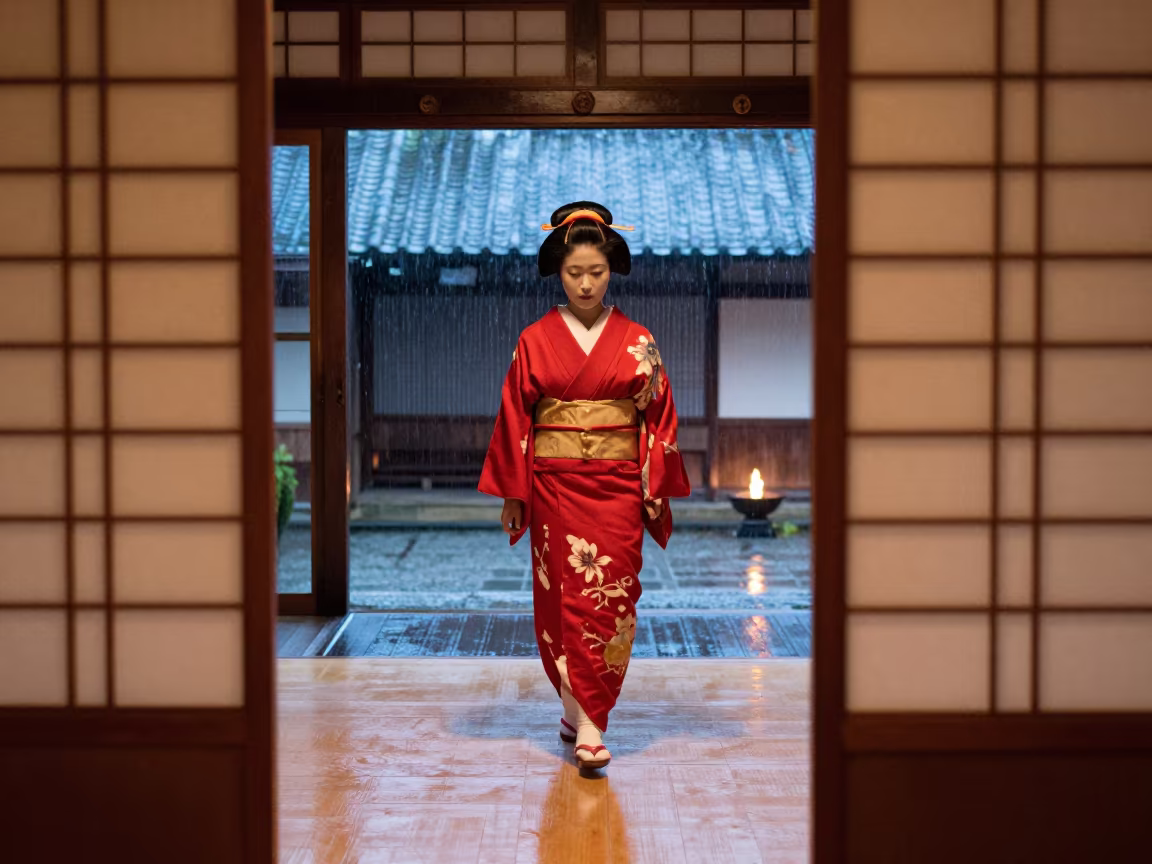 Geisha in Crimson Kimono Under Copper Light in in a ceremonial hall near Tokyo