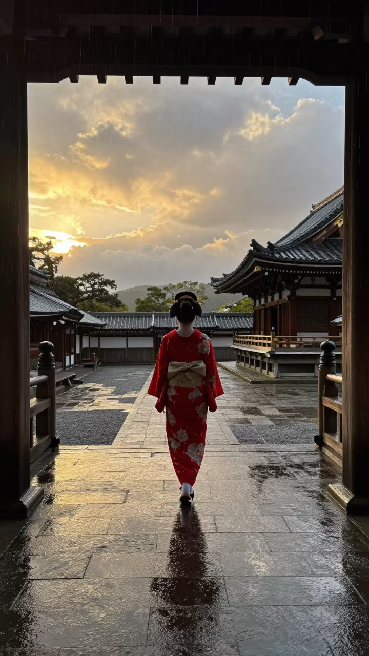 Geisha in Kyoto Temple Courtyard in in a temple courtyard in Tokyo