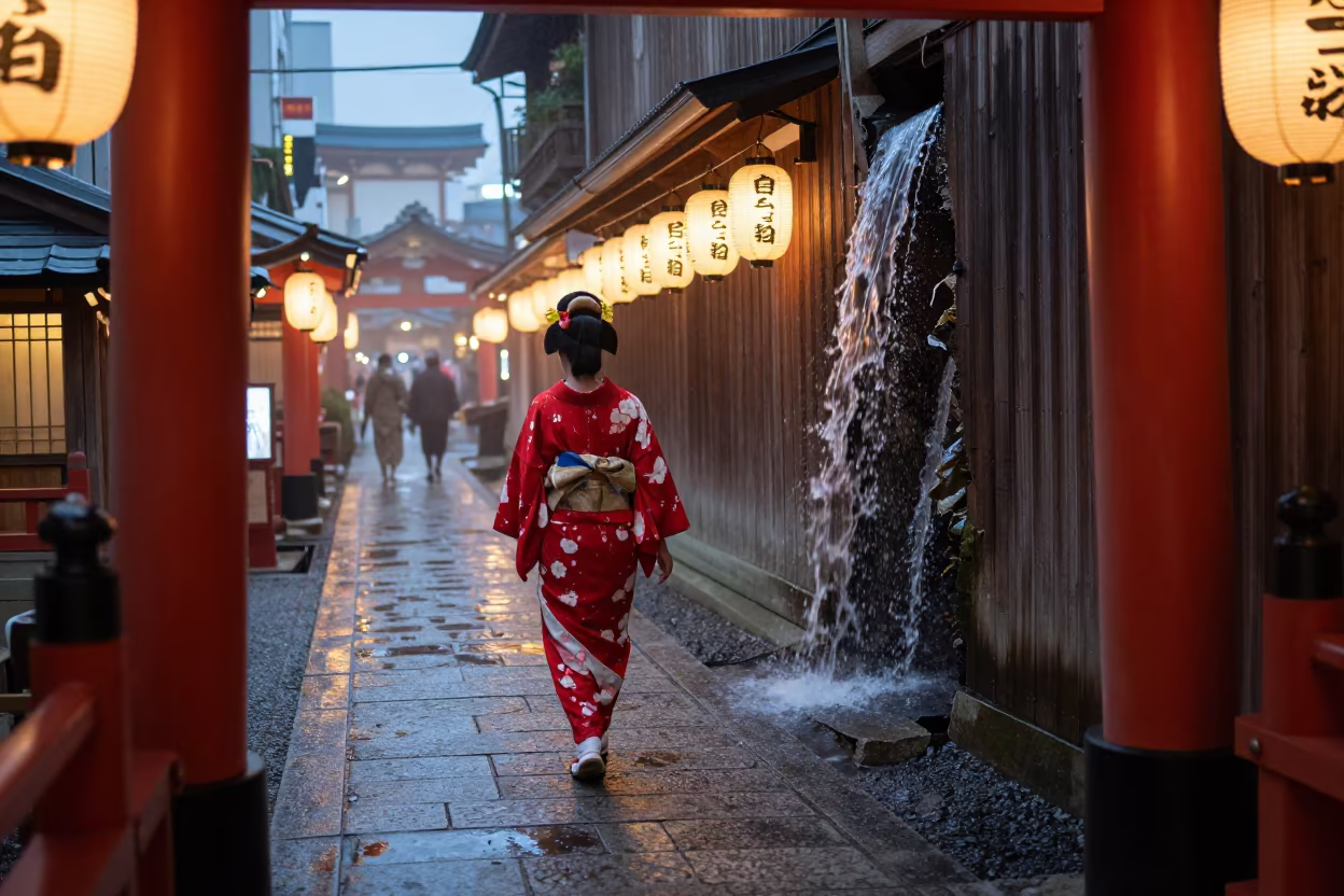 Geisha Walking Past Waterfall in Shrine in in a shrine lined with lanterns near Dotonbori, Osaka
