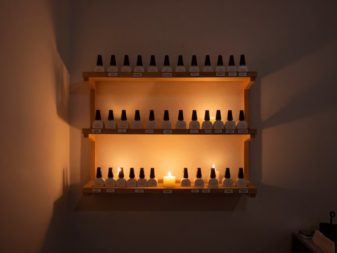 Gel Lamp Charging Shelf in Predawn Candlelight in inside a nail studio near Surat