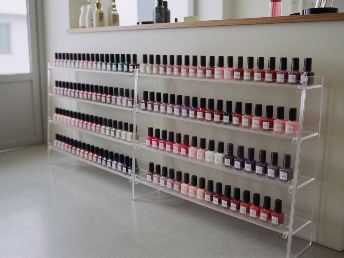 Gel Nail Polish Display on Salon Shelf in at a salon reception counter in Daegu