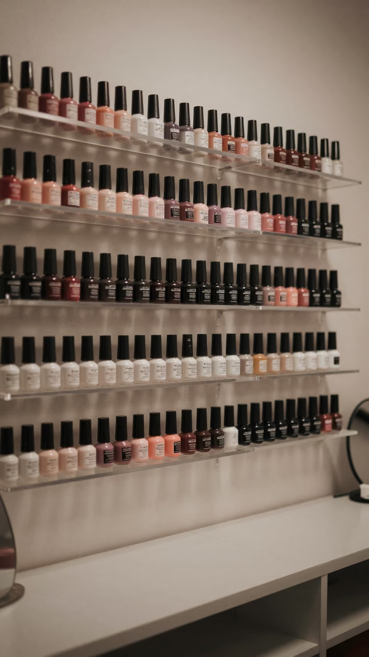 Gel Polish Shades on Acrylic Shelves in Tacna in inside a nail studio in Tacna