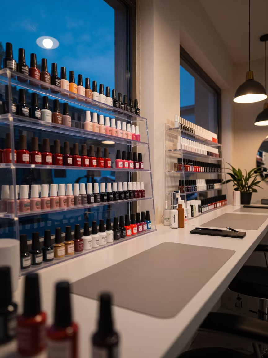 Gel Polish Shades on Acrylic Shelves in Owerri Studio in inside a nail studio near Owerri