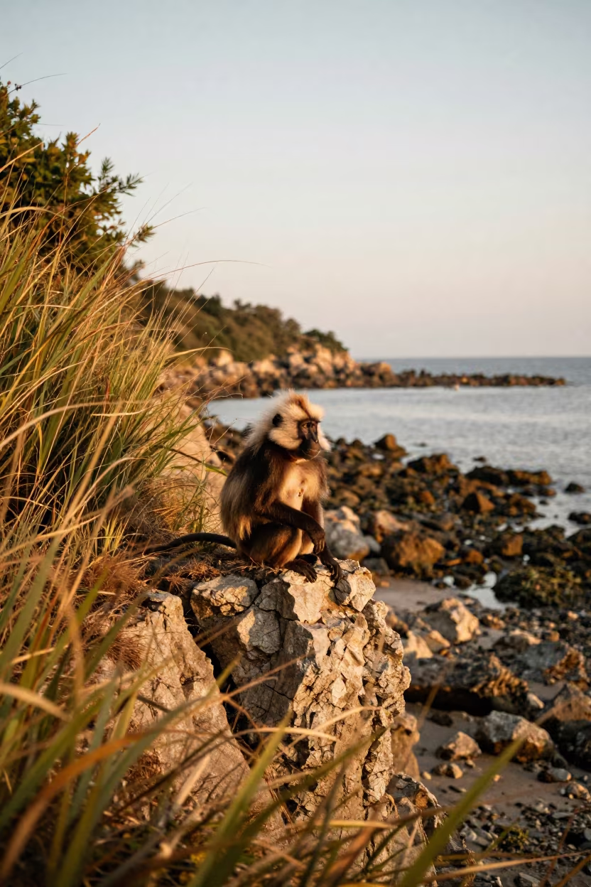 Gelada Monkey on Alberta Tidal Cliff Edge in beside a tidal inlet in Alberta
