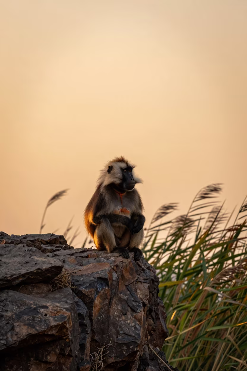 Gelada Monkey on Cliff Edge at Sunset in at the edge of a reed bed near Bishkek