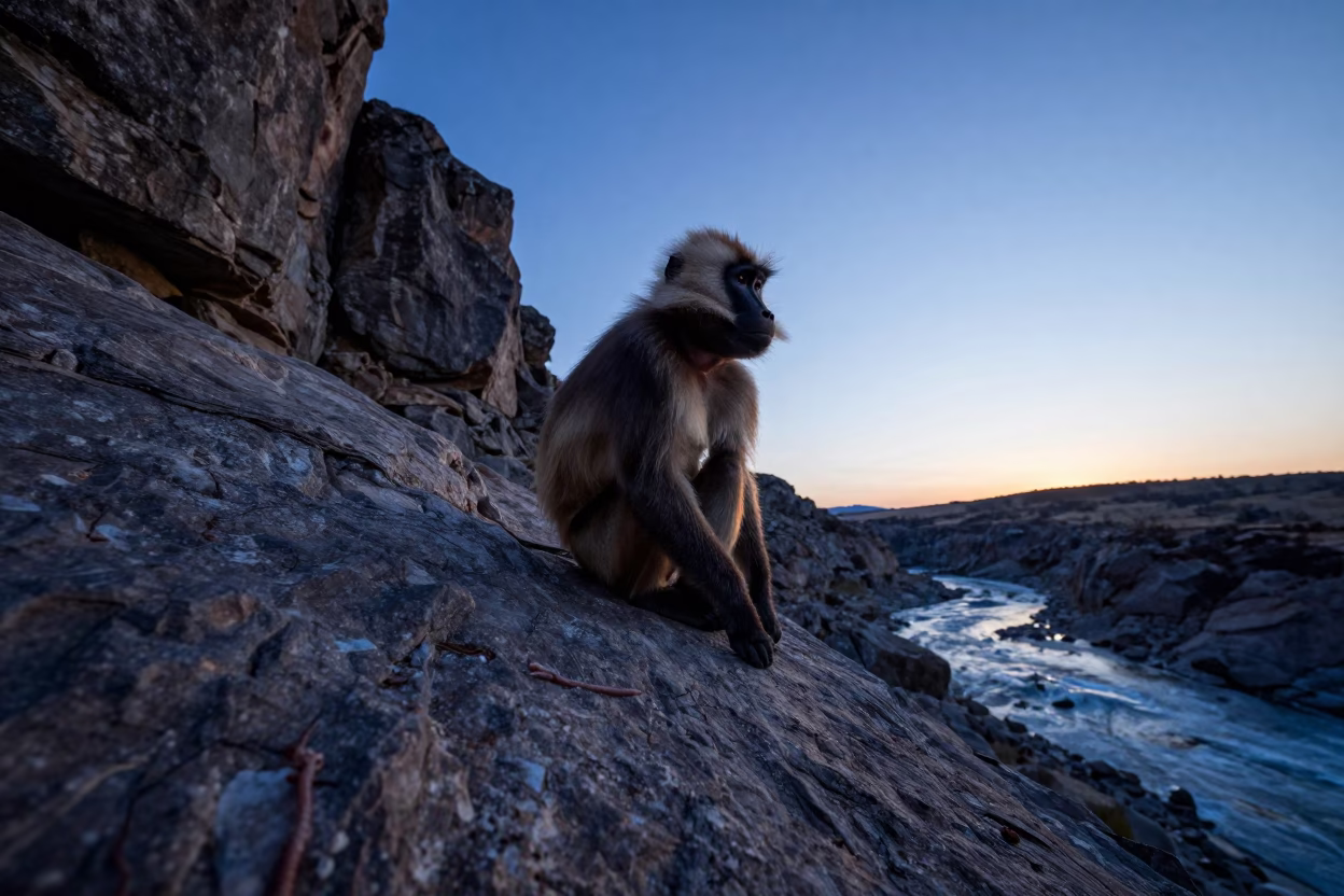 Gelada Monkey on Cliff Edge Twilight in above a glacial stream near Bishkek