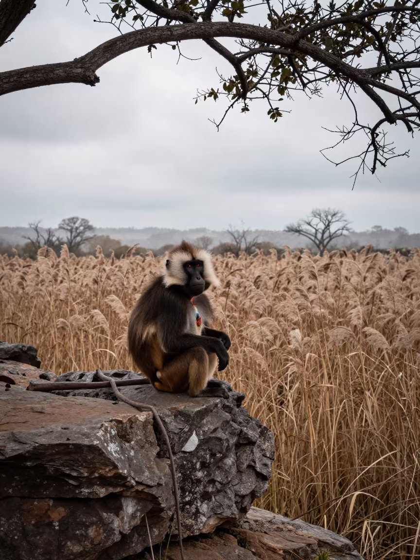 Gelada Monkey on Nepal Cliff Edge in at the edge of a reed bed in Nepal