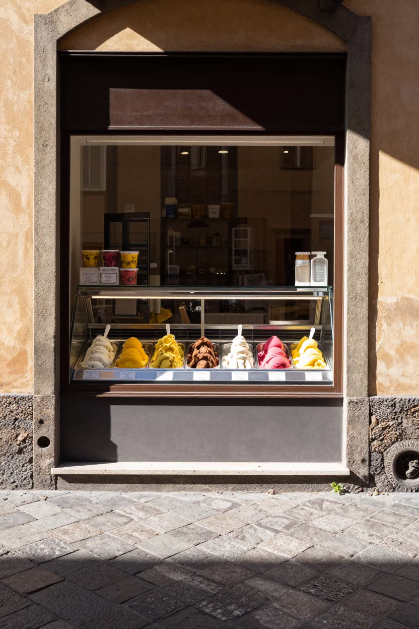 Gelato Display in Bologna at Bright Midmorning Light in in Bologna, Italy
