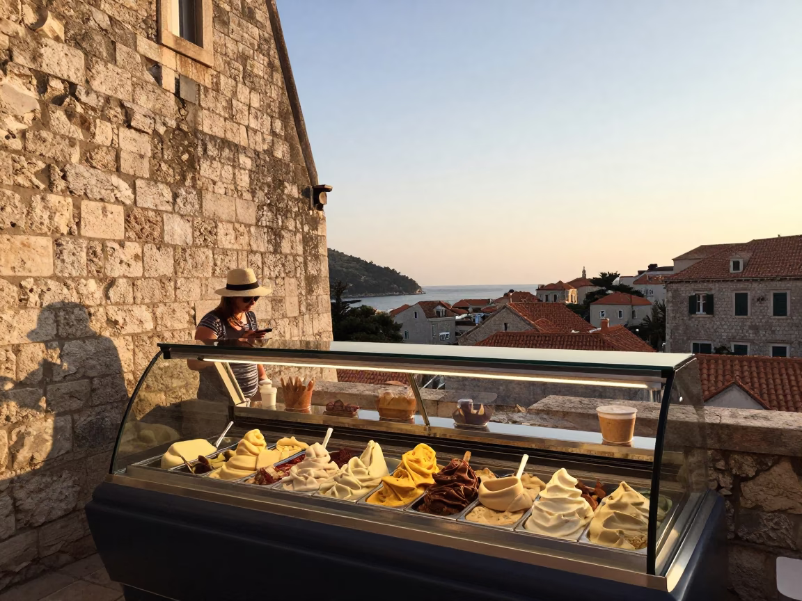 Gelato Display in Dubrovnik at As The Sun Drops Toward The Horizon in in Dubrovnik, Croatia