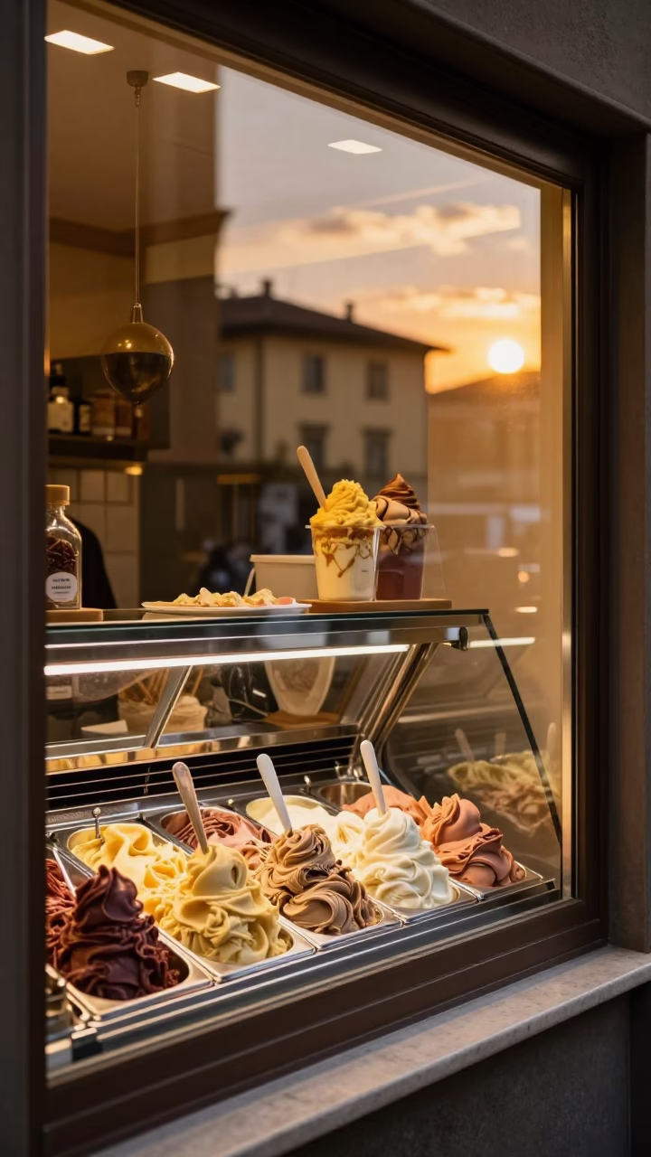Gelato Display in Florence Shop Window During Honeyed Evening Light in in Florence, Italy