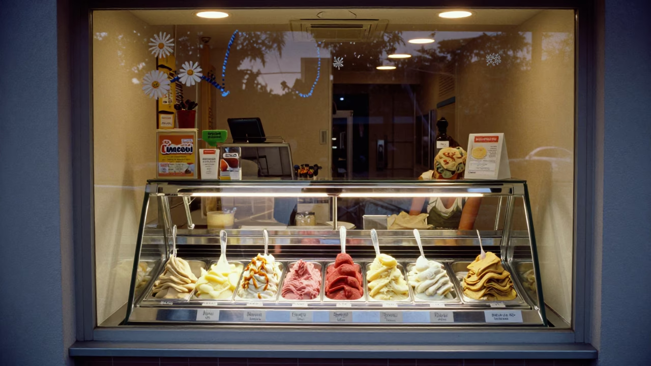 Gelato Display in Miami Shop Window During Early Evening in in Miami, Florida, United States