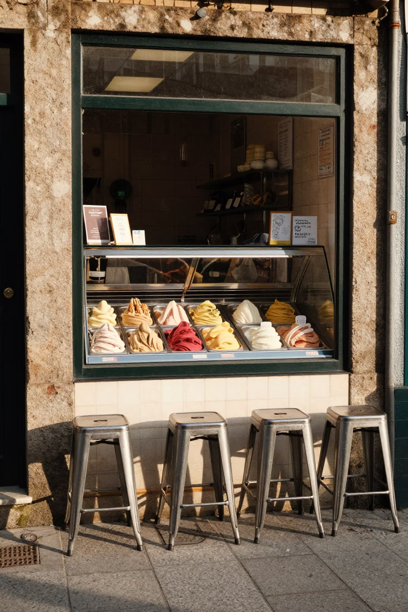 Gelato Display in Porto at The Late Morning Light in in Porto, Portugal