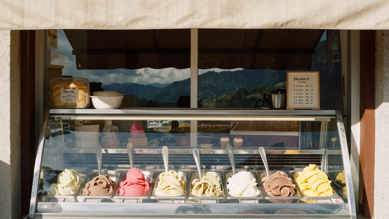 Gelato Display Window Under Blue Hour Mountain Light in beneath a shop awning at blue hour near Bumba