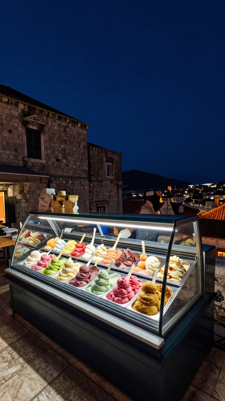 Gelato Shop Window Display Illuminated Under Deep Night Sky in Dubrovnik Croatia in in Dubrovnik, Croatia