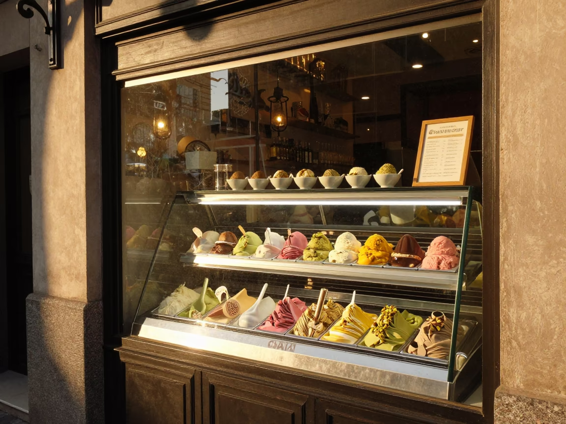 Gelato Shop Window Display in Buenos Aires During Golden Hour Before Sunset in in Buenos Aires, Argentina