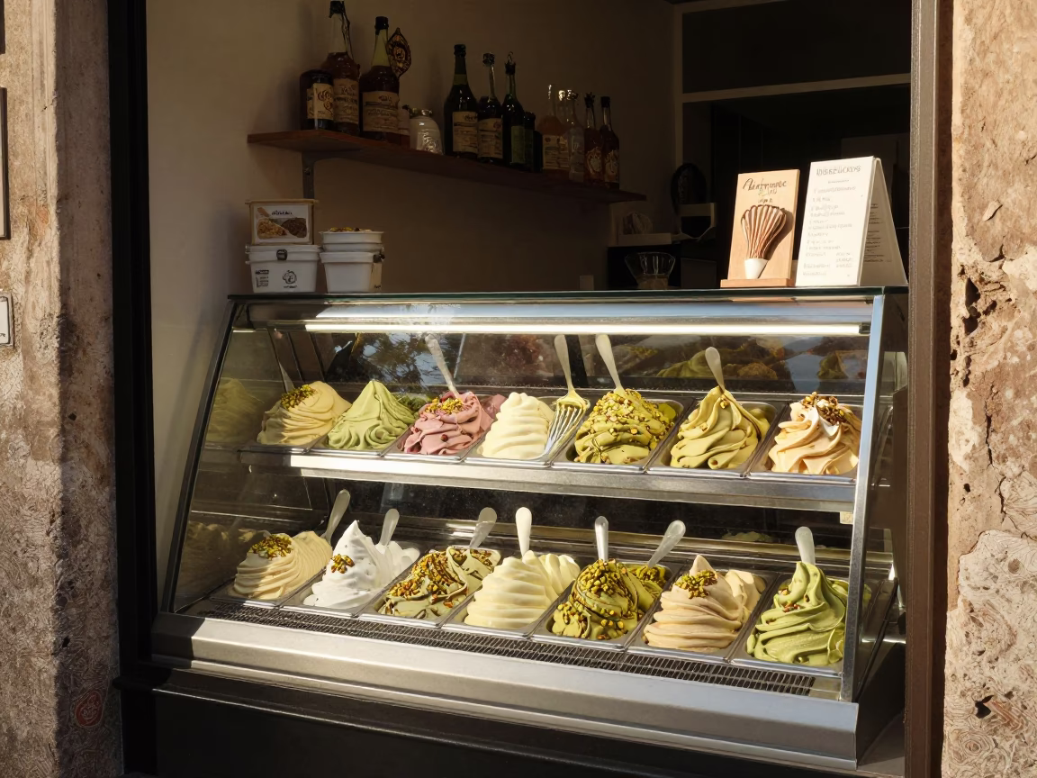 Gelato Shop Window Display in Palermo Late Afternoon Sunlight in in Palermo, Italy