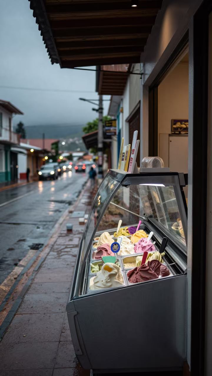 Gelato Shop Window in Pereira Wet Street in along a storefront glass line on a wet street in Pereira