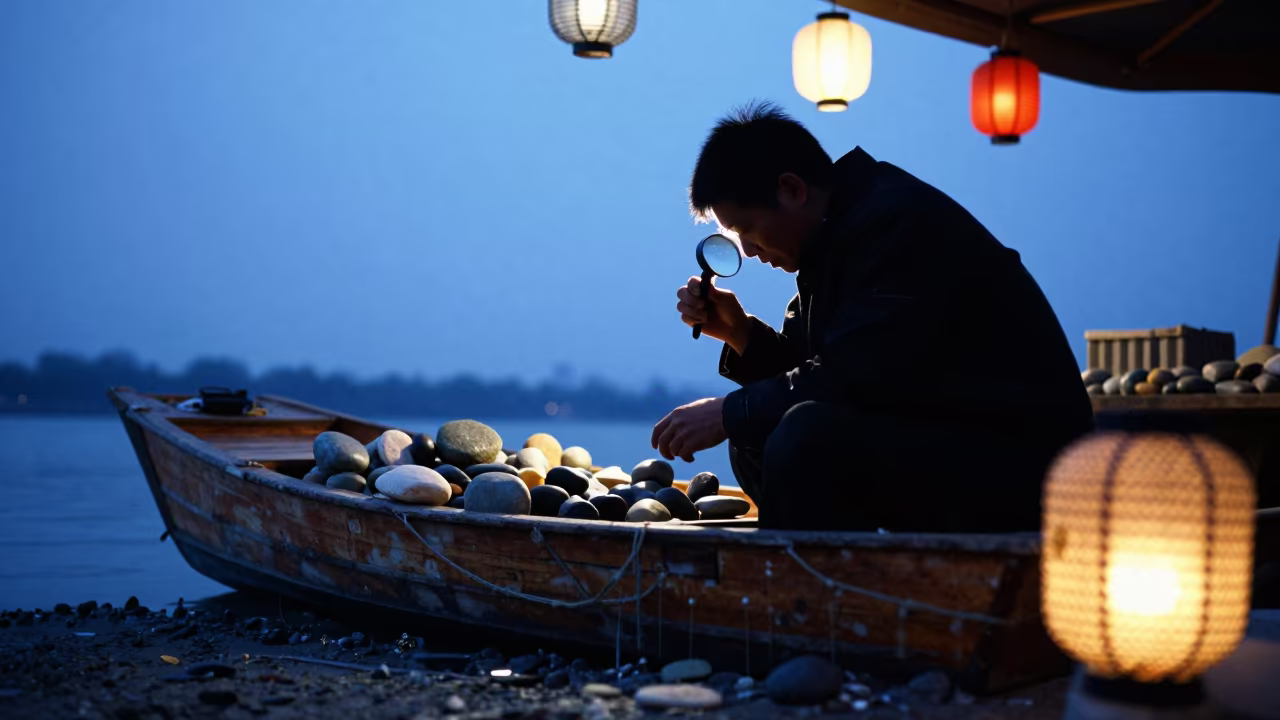 Gem Vendor Silhouette at Beijing Floating Market in at a floating market boat in Beijing