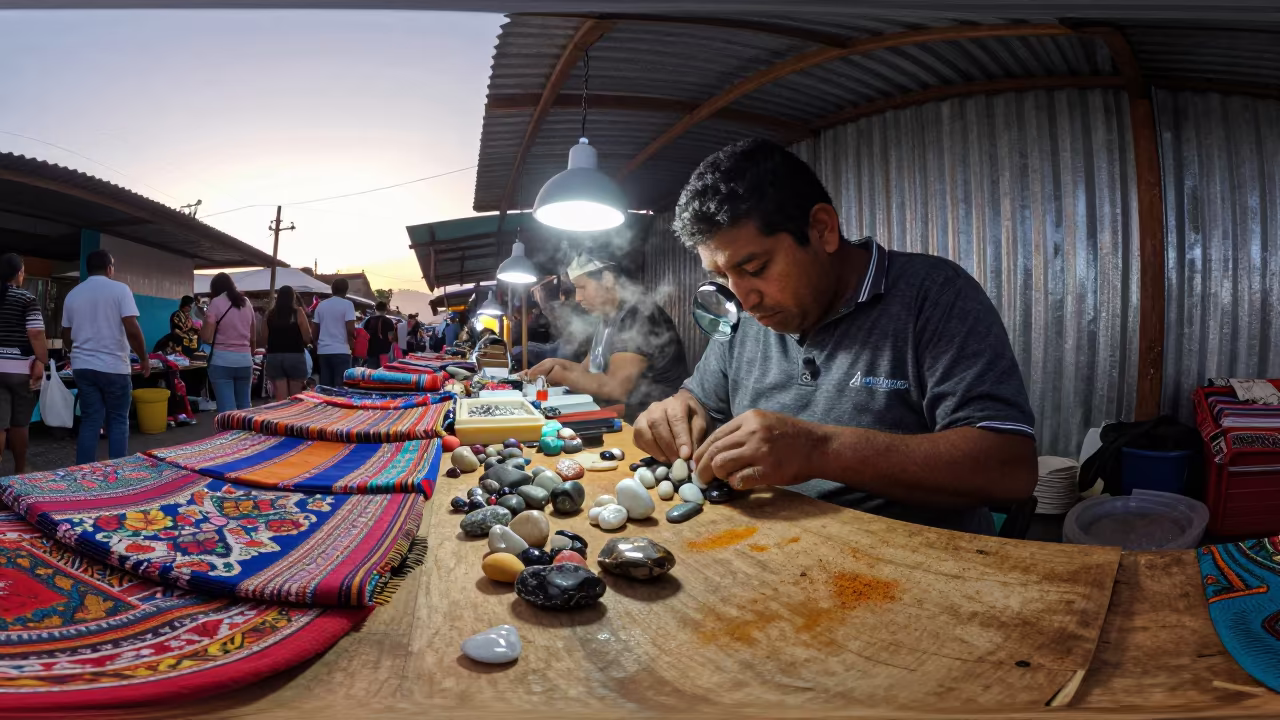 Gem Vendor Sorting Stones at Dawn Guatemala Market in at a market stall in Guatemala City