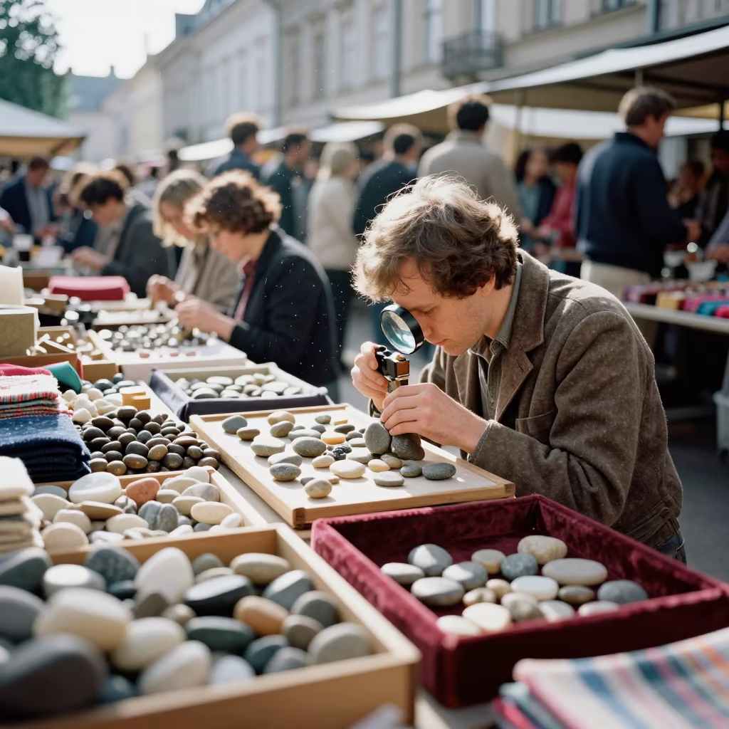 Gem Vendor Sorting Stones at Krakow Market Stall in at a textile trader's stall in Krakow
